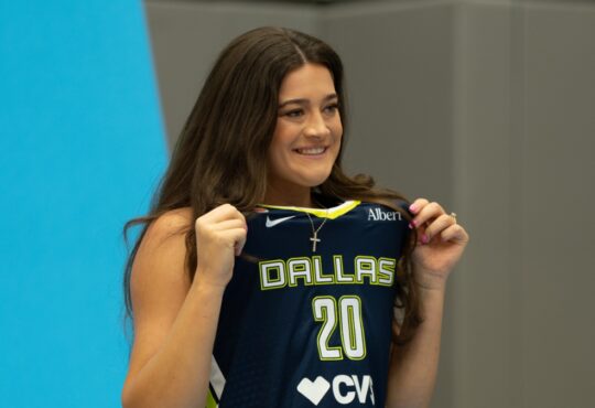 Maddy Siegrist of the Dallas Wings posing in her home jersey during 2026 Media Day.