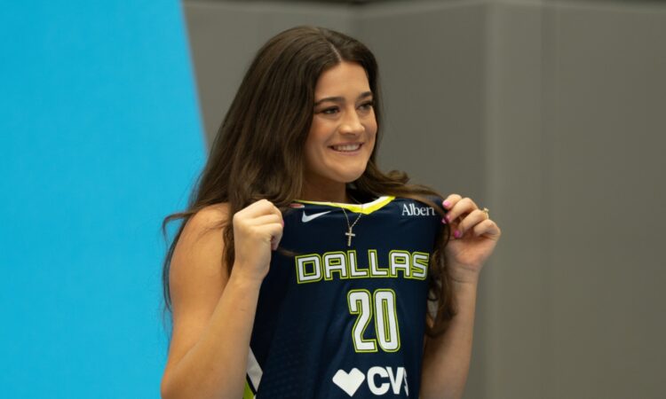 Maddy Siegrist of the Dallas Wings posing in her home jersey during 2026 Media Day.