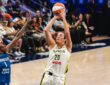 Maddy Siegrist of the Dallas Wings rising for a jump shot during a career-best scoring performance against the Minnesota Lynx.