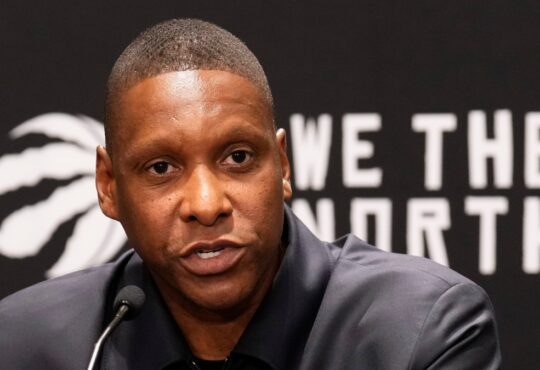 Masai Ujiri, the new President and Alternate Governor of the Dallas Mavericks, speaking during an official media session.