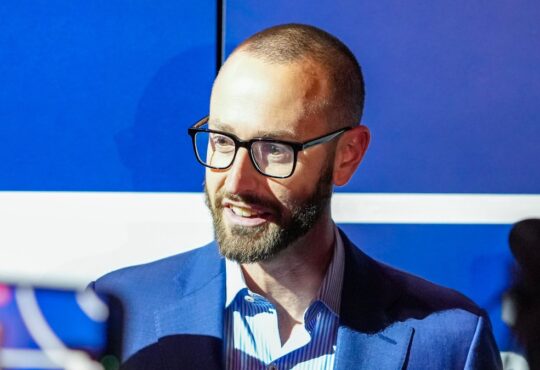Dallas Mavericks general manager Mike Schmitz speaking to reporters at the 2026 NBA Draft Lottery in Chicago