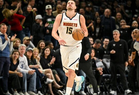 Nikola Jokic (15) of the Denver Nuggets reacts during the third quarter of a Game 6 playoff loss to the Minnesota Timberwolves at Target Center on April 30, 2026.