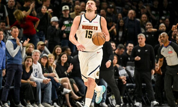 Nikola Jokic (15) of the Denver Nuggets reacts during the third quarter of a Game 6 playoff loss to the Minnesota Timberwolves at Target Center on April 30, 2026.