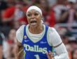 Odyssey Sims (1) of the Dallas Wings reacts during the first half against the Indiana Fever at Gainbridge Fieldhouse.