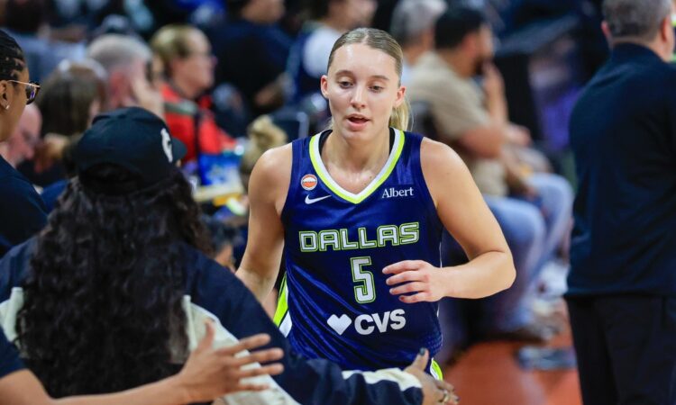 Paige Bueckers (5) and Arike Ogunbowale (24) of the Dallas Wings exchange a high five.