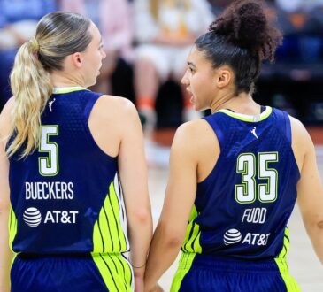 Paige Bueckers and Azzi Fudd talking on the court during the Wings vs. Aces preseason game.
