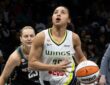 Guard Paige Bueckers and rookie guard Azzi Fudd running the floor together during a fast-break transition sequence at Barclays Center.