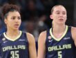 Guard Paige Bueckers and rookie guard Azzi Fudd looking on together from the floor during a game against the Chicago Sky.