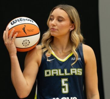 Paige Bueckers of the Dallas Wings posing with a basketball on her shoulder during 2026 Media Day.