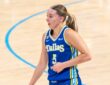 Guard Paige Bueckers keeping her dribble low while scanning the floor against an on-ball Atlanta defender.
