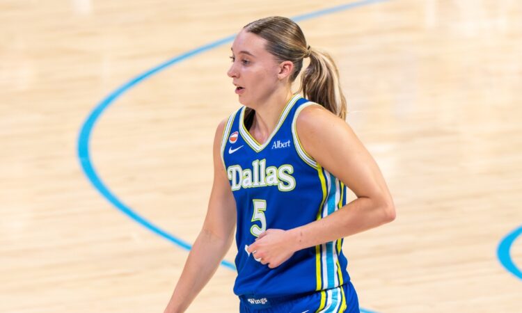 Guard Paige Bueckers keeping her dribble low while scanning the floor against an on-ball Atlanta defender.