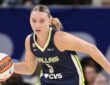 Guard Paige Bueckers pulling up off the bounce to isolate on the perimeter during the first half against the Chicago Sky.