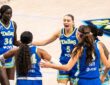 Paige Bueckers leads a huddle with teammates Aziaha James, Alanna Smith, Arike Ogunbowale, and Awak Kuier during the home opener against Atlanta.