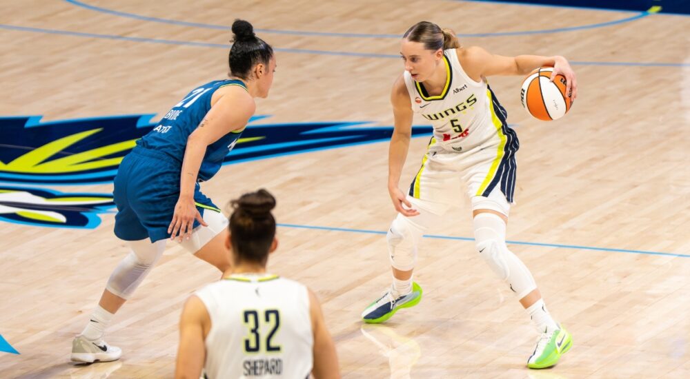 Paige Bueckers of the Dallas Wings sizing up Kayla McBride of the Minnesota Lynx off the dribble at College Park Center.