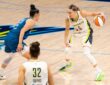 Paige Bueckers of the Dallas Wings sizing up Kayla McBride of the Minnesota Lynx off the dribble at College Park Center.