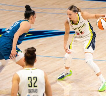 Paige Bueckers of the Dallas Wings sizing up Kayla McBride of the Minnesota Lynx off the dribble at College Park Center.