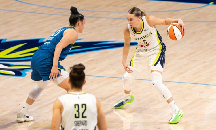 Paige Bueckers of the Dallas Wings sizing up Kayla McBride of the Minnesota Lynx off the dribble at College Park Center.