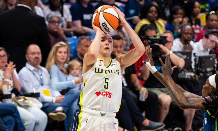 Paige Bueckers of the Dallas Wings rising for a jump shot against the Minnesota Lynx at College Park Center.