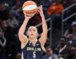 Guard Paige Bueckers elevating for a mid-range jump shot during the first half against the Chicago Sky.