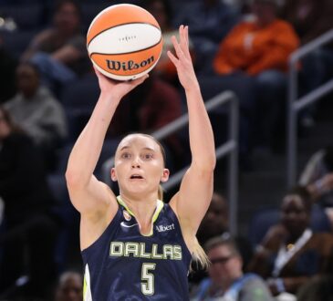 Guard Paige Bueckers elevating for a mid-range jump shot during the first half against the Chicago Sky.