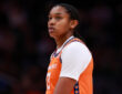 Rayah Marshall of the Connecticut Sun (now with the Dallas Wings) looks on during a game against the Seattle Storm at Climate Pledge Arena.