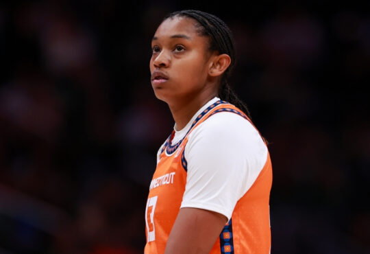 Rayah Marshall of the Connecticut Sun (now with the Dallas Wings) looks on during a game against the Seattle Storm at Climate Pledge Arena.