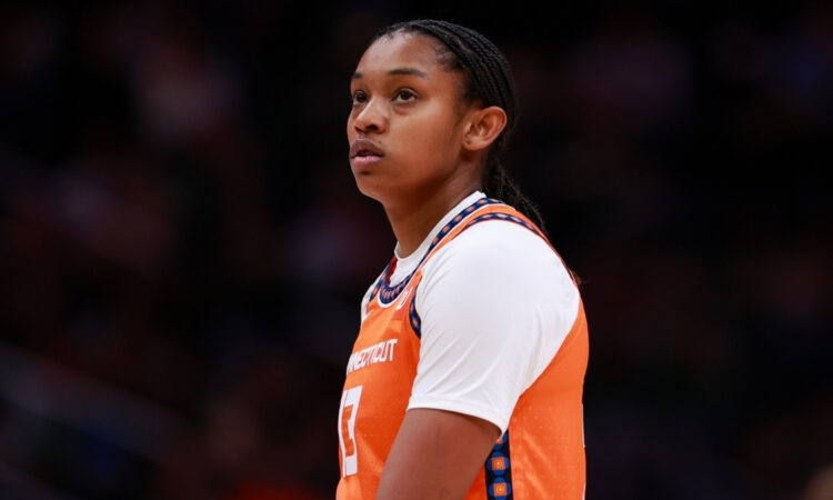 Rayah Marshall of the Connecticut Sun (now with the Dallas Wings) looks on during a game against the Seattle Storm at Climate Pledge Arena.