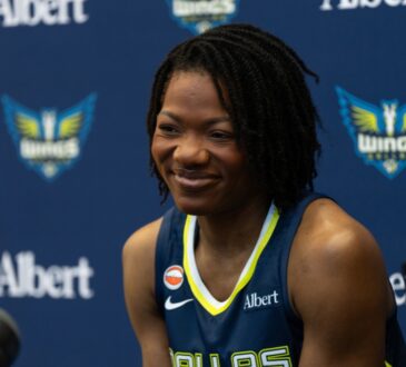 Dulcy Fankam Mendjiadeu posing in her Dallas Wings jersey during 2026 Media Day.