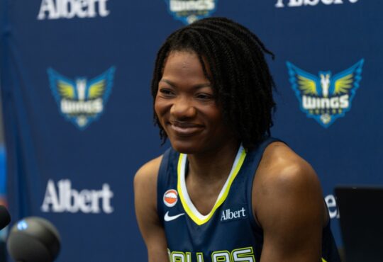 Dulcy Fankam Mendjiadeu posing in her Dallas Wings jersey during 2026 Media Day.