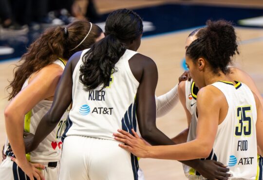 Paige Bueckers, Arike Ogunbowale, Azzi Fudd, Maddy Siegrist, and Awak Kuier huddling on the court against the Minnesota Lynx.