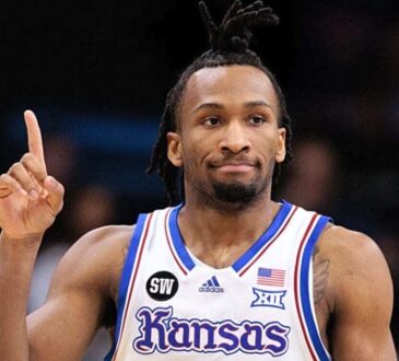 Darryn Peterson holds up one finger while playing for Kansas ahead of the 2026 NBA Draft