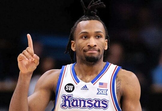 Darryn Peterson holds up one finger while playing for Kansas ahead of the 2026 NBA Draft
