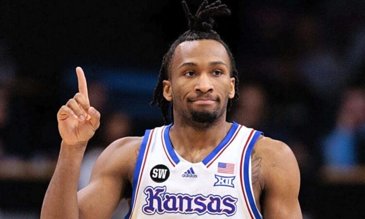 Darryn Peterson holds up one finger while playing for Kansas ahead of the 2026 NBA Draft