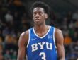 AJ Dybantsa in his BYU jersey during a 2026 game, the Washington Wizards' projected No. 1 pick in the 2026 NBA Draft