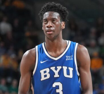 AJ Dybantsa in his BYU jersey during a 2026 game, the Washington Wizards' projected No. 1 pick in the 2026 NBA Draft