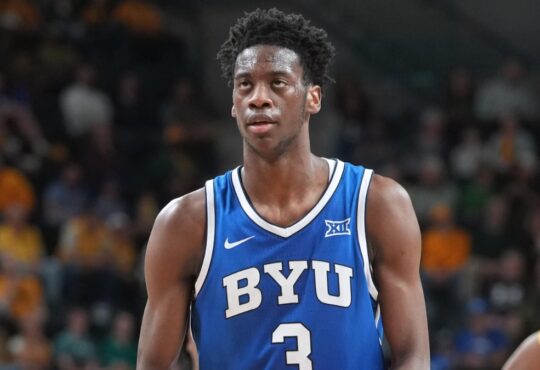 AJ Dybantsa in his BYU jersey during a 2026 game, the Washington Wizards' projected No. 1 pick in the 2026 NBA Draft