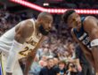 Minnesota Timberwolves guard Anthony Edwards defends Los Angeles Lakers forward LeBron James in the second quarter of Game 4 of the 2025 NBA Playoffs first round at Target Center.