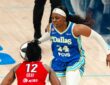 Dallas Wings guard Arike Ogunbowale defends Las Vegas Aces guard Chelsea Gray during a WNBA game at College Park Center in Arlington, Texas, on June 15, 2026.