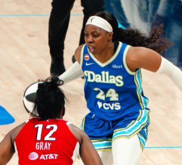 Dallas Wings guard Arike Ogunbowale defends Las Vegas Aces guard Chelsea Gray during a WNBA game at College Park Center in Arlington, Texas, on June 15, 2026.