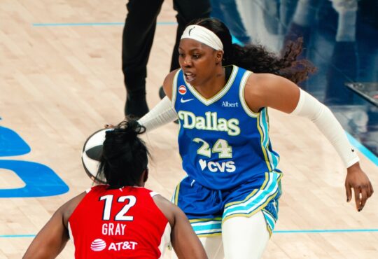 Dallas Wings guard Arike Ogunbowale defends Las Vegas Aces guard Chelsea Gray during a WNBA game at College Park Center in Arlington, Texas, on June 15, 2026.