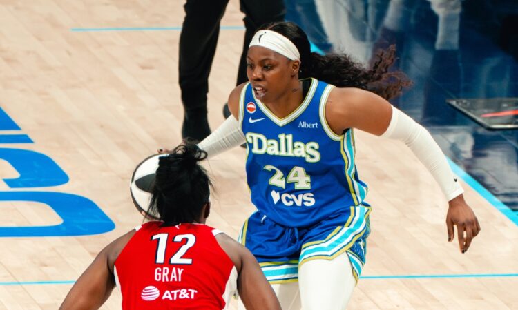 Dallas Wings guard Arike Ogunbowale defends Las Vegas Aces guard Chelsea Gray during a WNBA game at College Park Center in Arlington, Texas, on June 15, 2026.