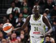 Dallas Wings forward Awak Kuier dribbles the basketball against the New York Liberty at Barclays Center.