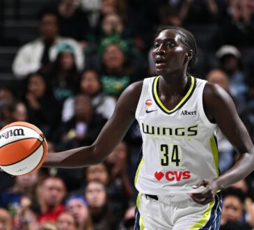 Dallas Wings forward Awak Kuier dribbles the basketball against the New York Liberty at Barclays Center.