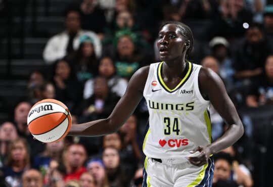 Dallas Wings forward Awak Kuier dribbles the basketball against the New York Liberty at Barclays Center.