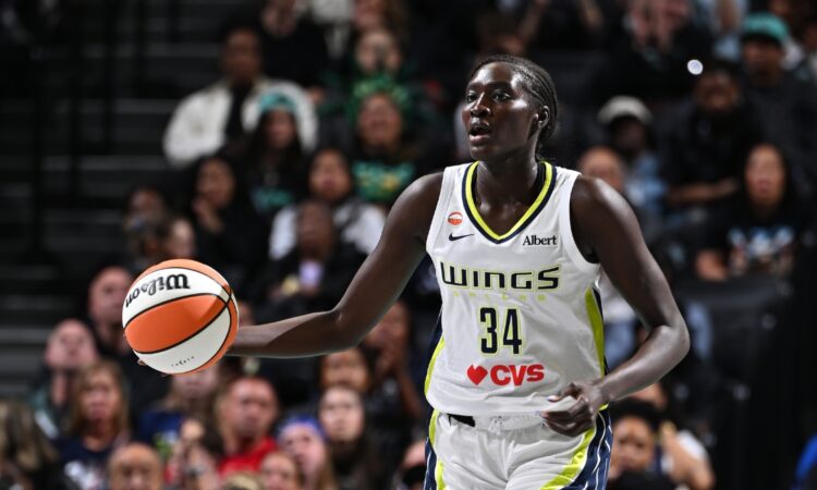 Dallas Wings forward Awak Kuier dribbles the basketball against the New York Liberty at Barclays Center.