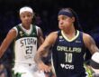 Aziaha James of the Dallas Wings controls the ball in front of Jordan Horston of the Seattle Storm during the fourth quarter at College Park Center.