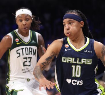 Aziaha James of the Dallas Wings controls the ball in front of Jordan Horston of the Seattle Storm during the fourth quarter at College Park Center.