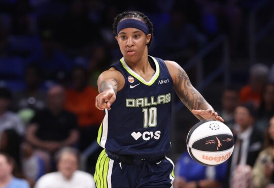 Dallas Wings guard Aziaha James controls the ball against the Seattle Storm