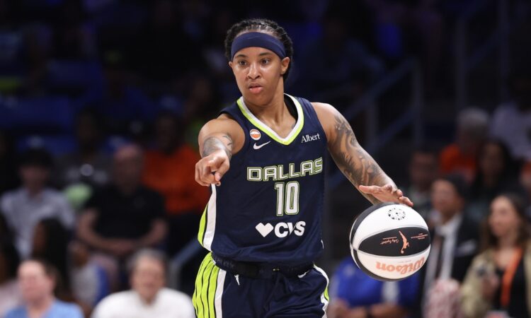 Dallas Wings guard Aziaha James controls the ball against the Seattle Storm