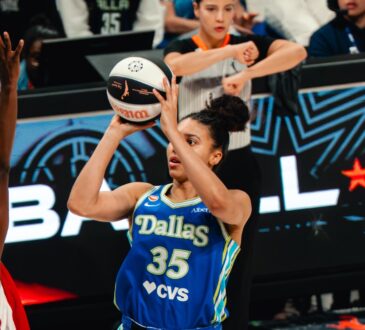 Dallas Wings guard Azzi Fudd shoots over Las Vegas Aces guard Jewell Loyd during a WNBA game at College Park Center in Arlington, Texas, on June 15, 2026.